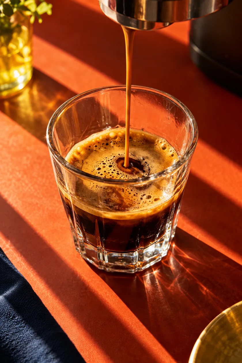 Espresso pouring into a glass on an orange coffee bar